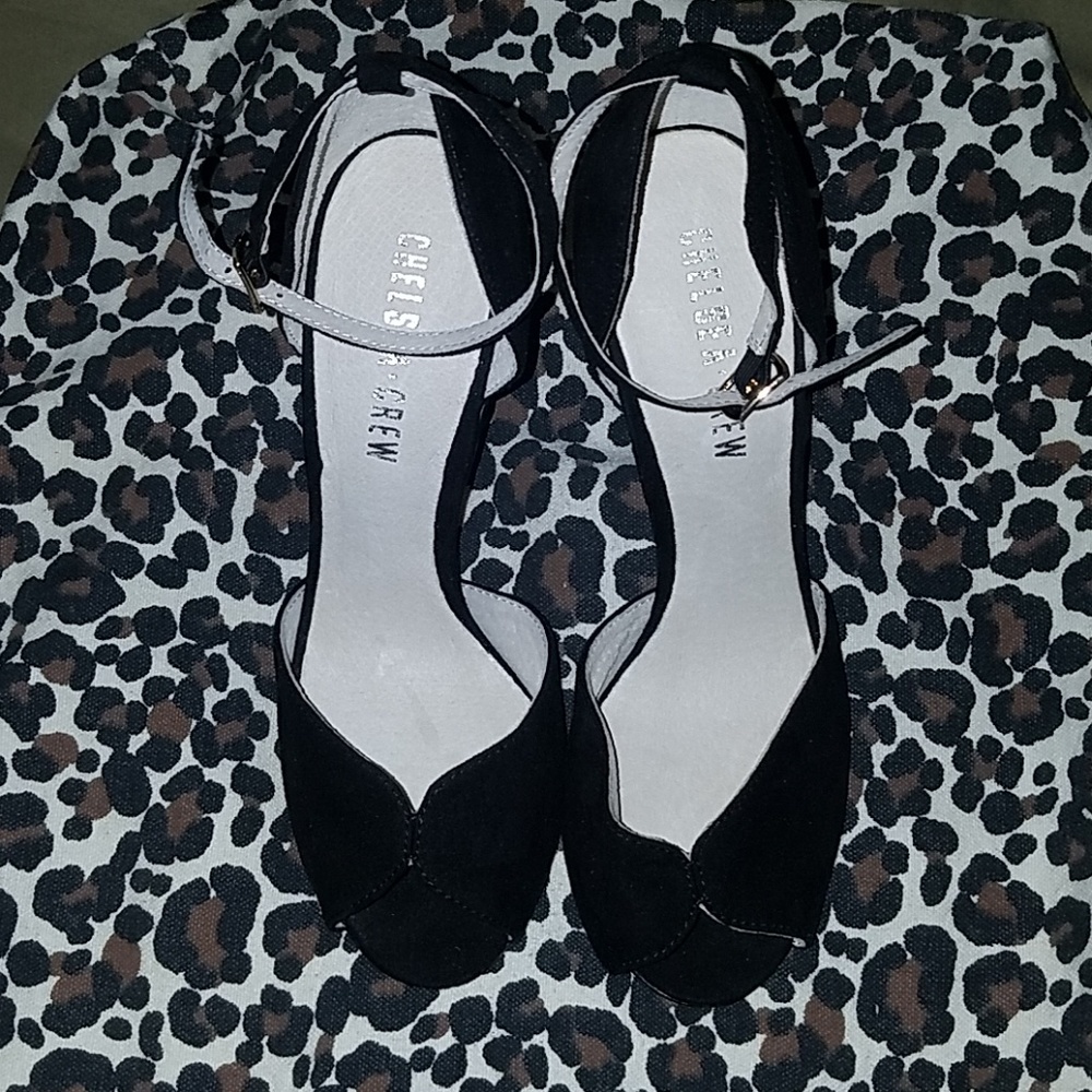"Lola" Chelsea Crew Suede/Leather Peep Toe Heels
